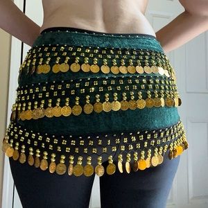 Bellydance hip scarf green velvet with gold coins